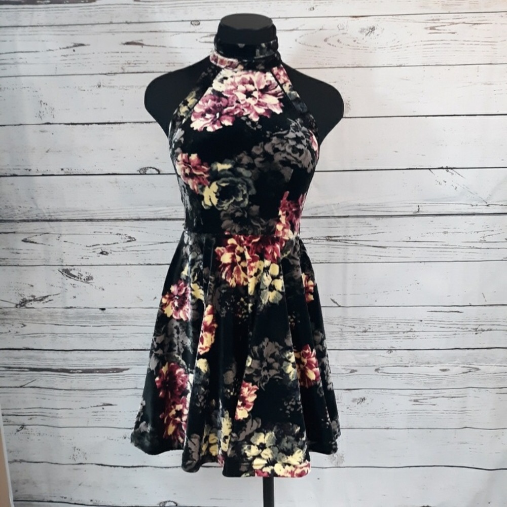 B Darlin Halter Neck Black Floral Dress